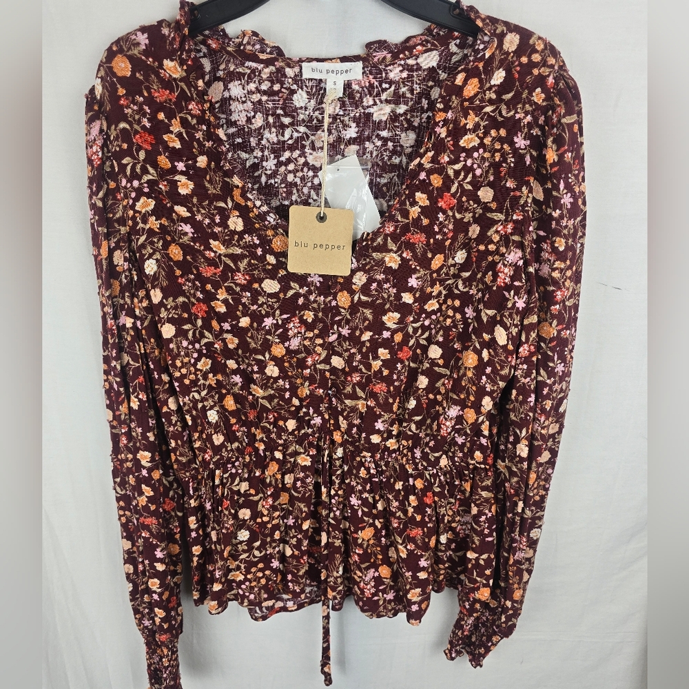 NWT Blu Pepper Floral Long Sleeve Sinched Mid Women's Multicolor Shirt Sz S